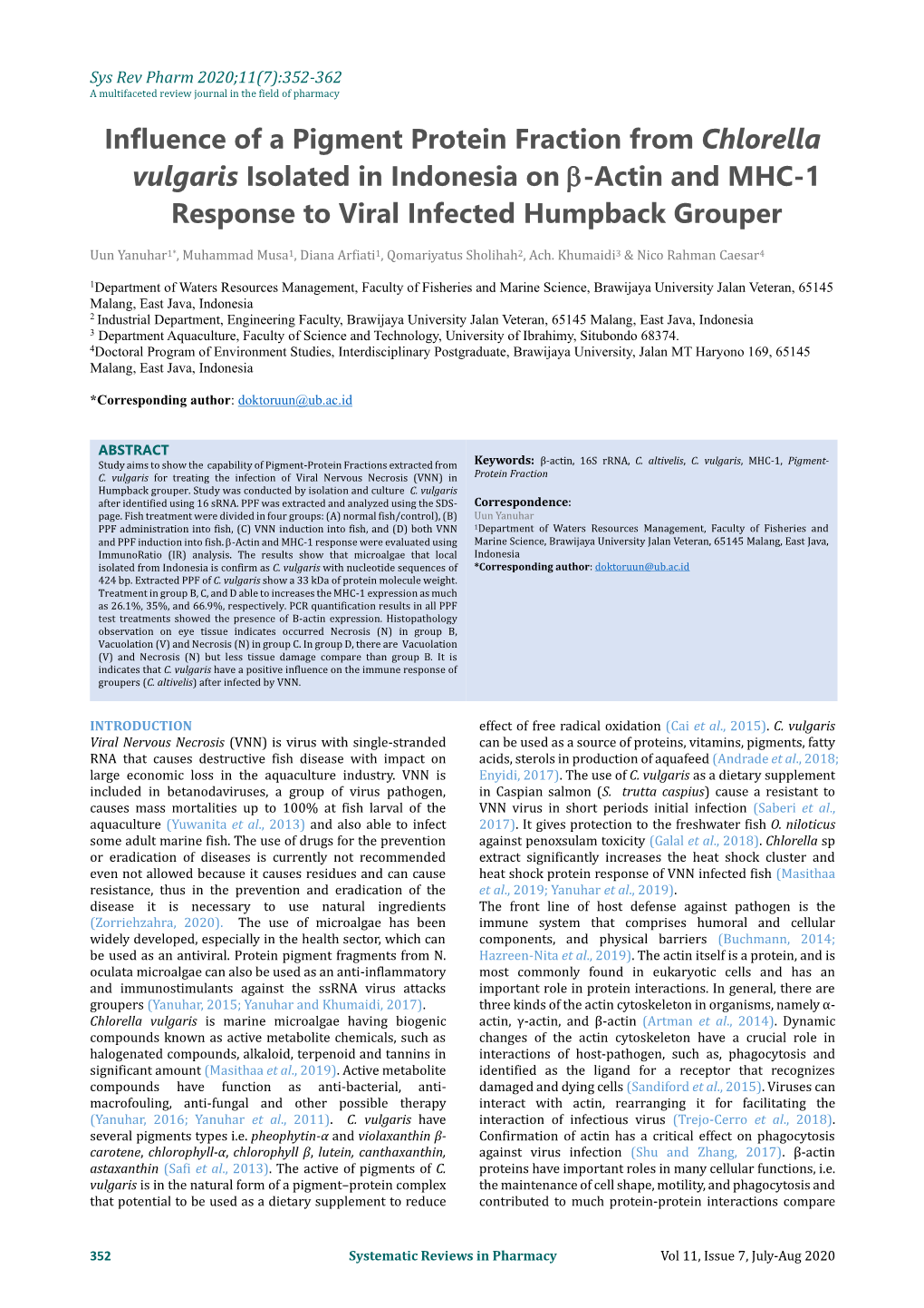 Influence of a Pigment Protein Fraction from Chlorella Vulgaris Isolated in Indonesia on -Actin and MHC-1 Response to Viral Infected Humpback Grouper