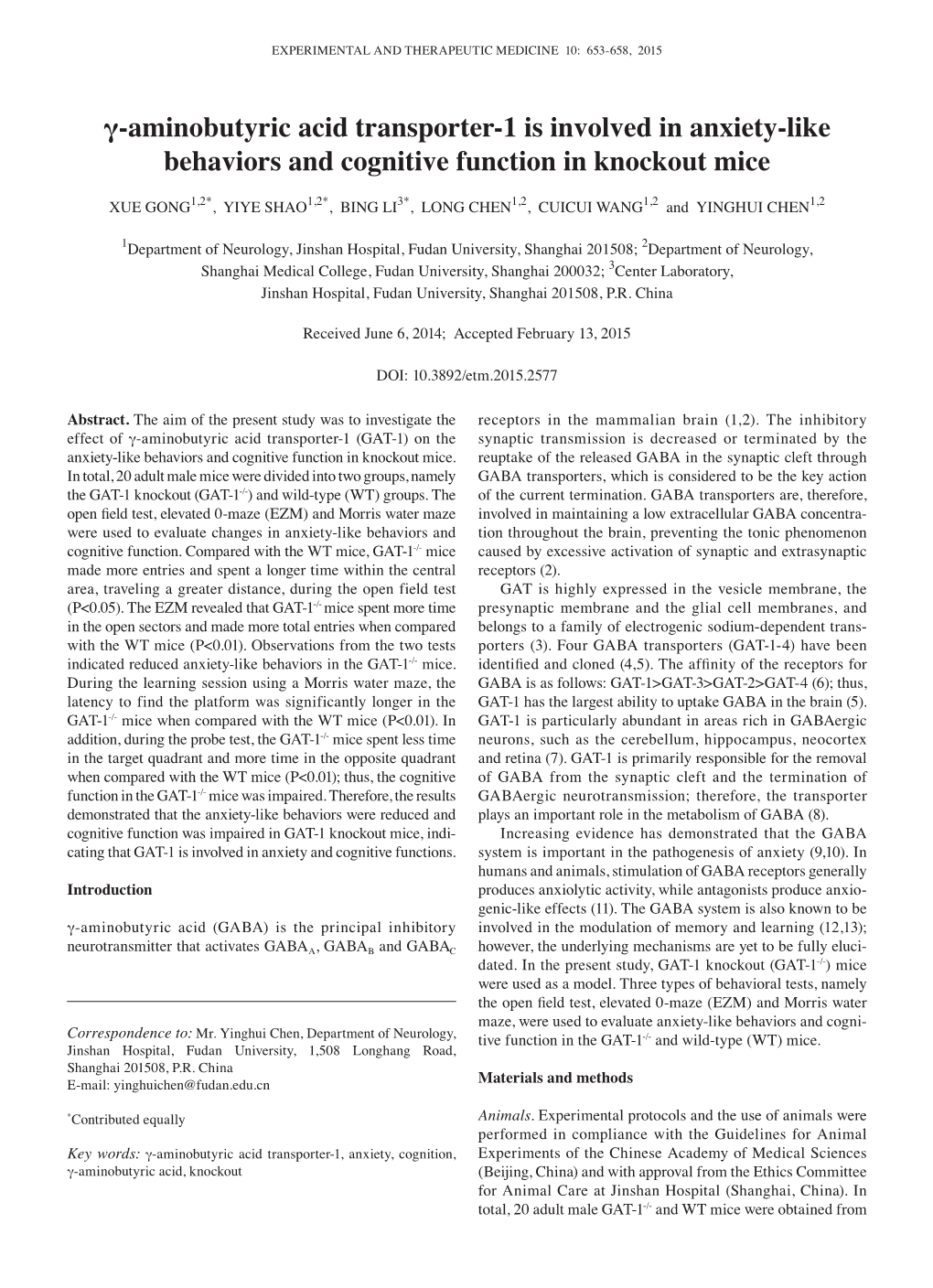 Γ‑Aminobutyric Acid Transporter‑1 Is Involved in Anxiety‑Like Behaviors and Cognitive Function in Knockout Mice