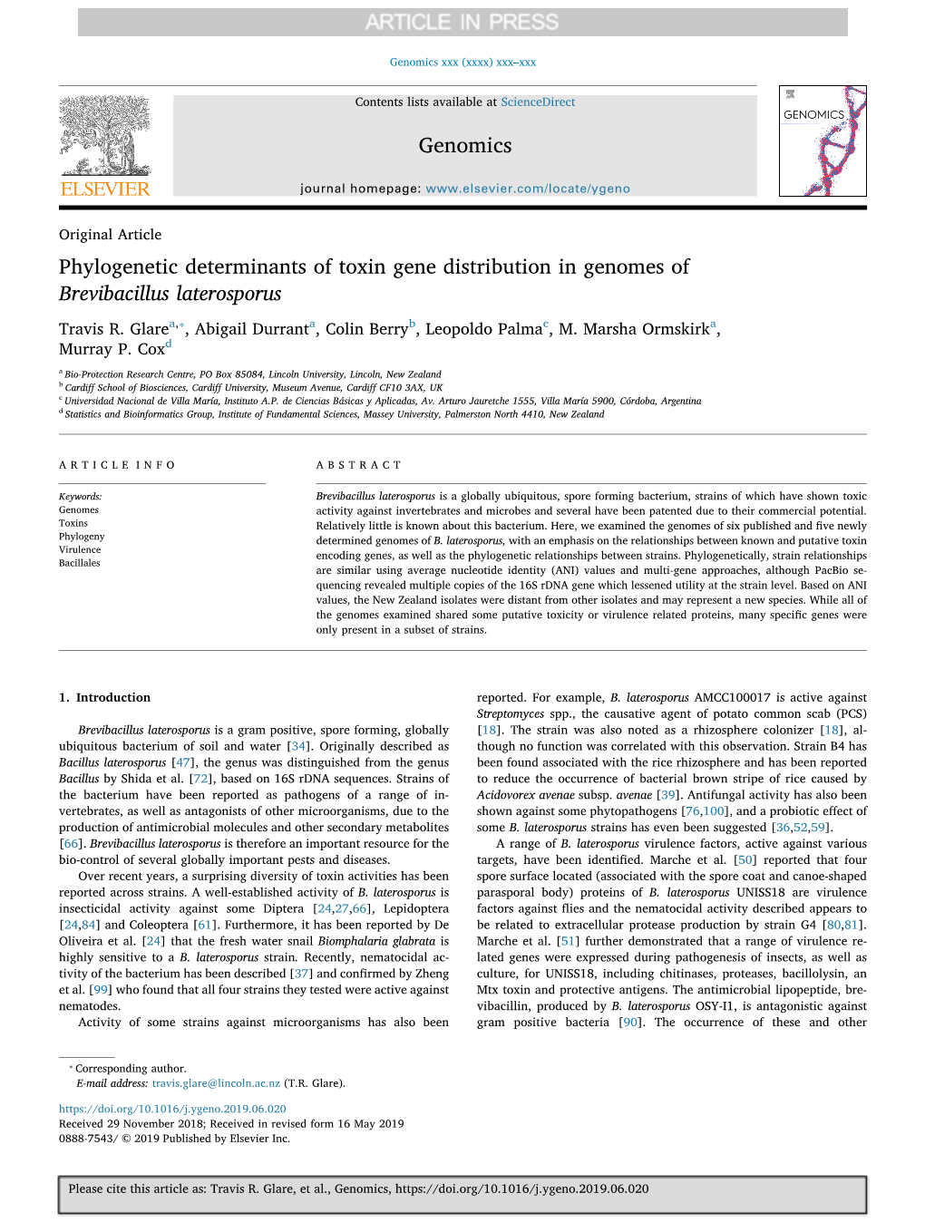 Phylogenetic Determinants of Toxin Gene Distribution in Genomes of Brevibacillus Laterosporus ⁎ Travis R