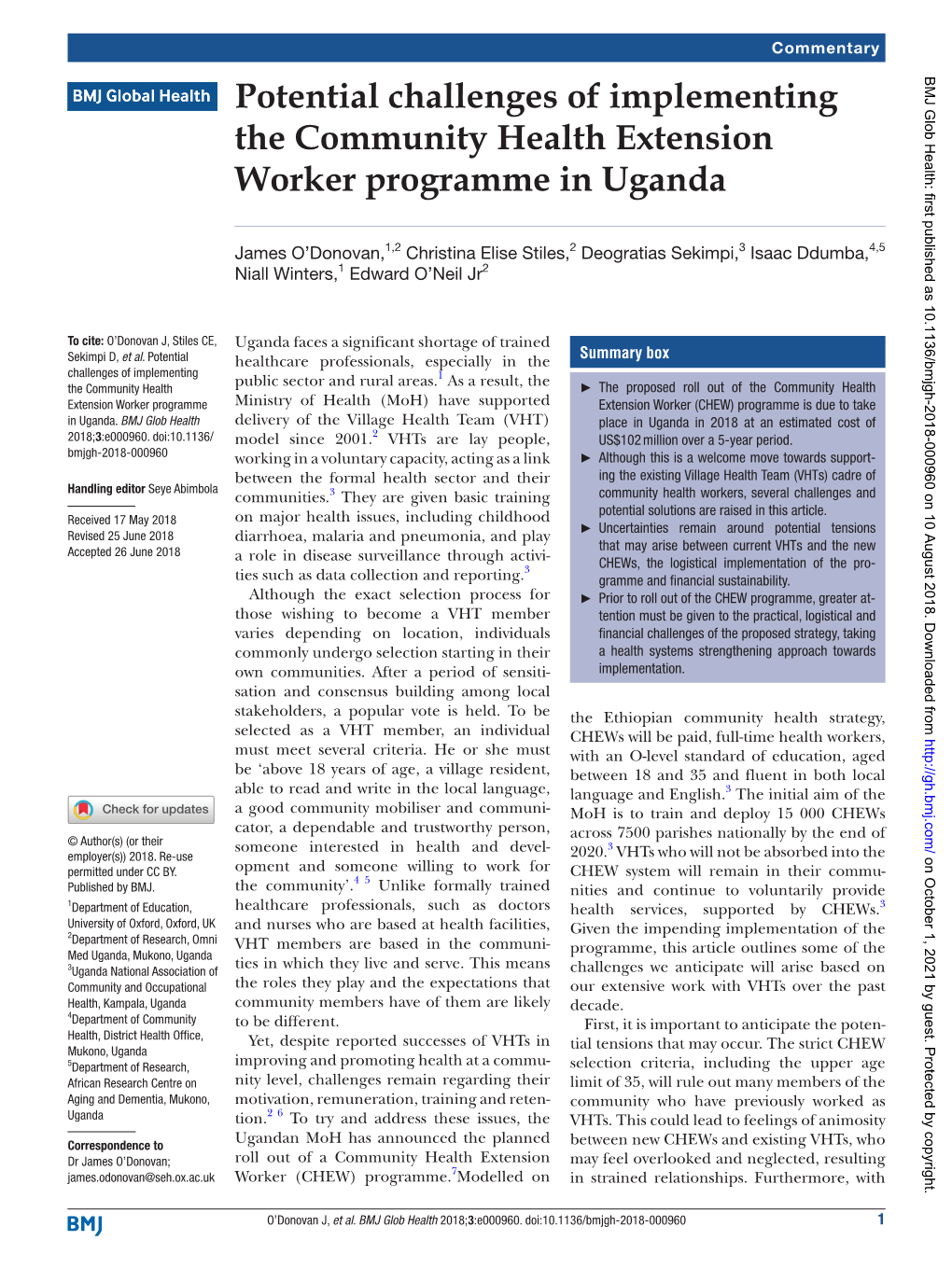 Potential Challenges of Implementing the Community Health Extension Worker Programme in Uganda