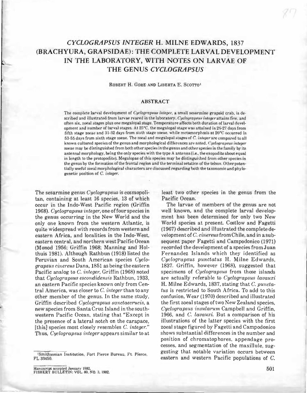 Cyclograpsus Integer H. Milne Edwards, 1837 (Brachyura, Grapsidae): the Complete Larval Development in the Laboratory, with Notes on Larvae of the Genus Cyclograpsus