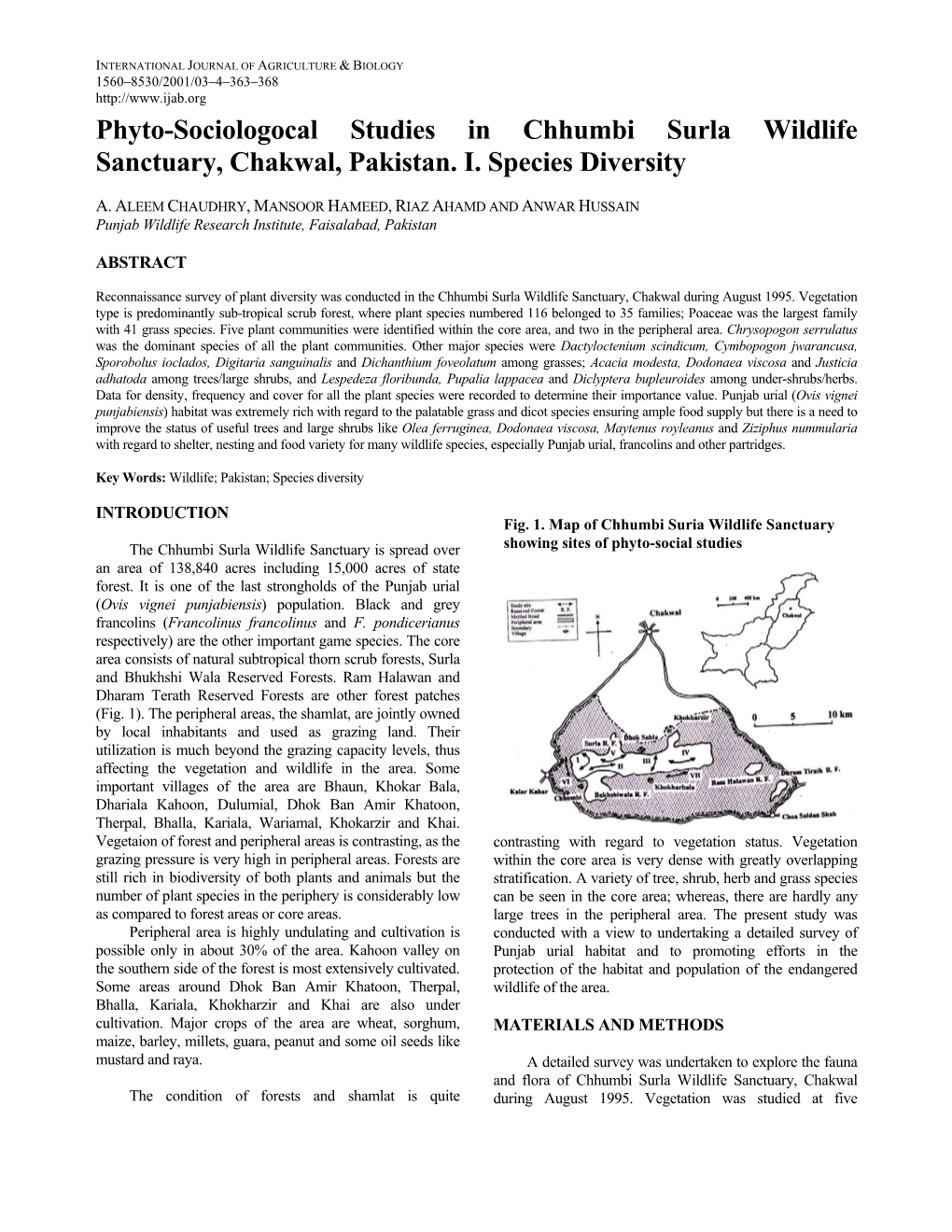 Phyto-Sociologocal Studies in Chhumbi Surla Wildlife Sanctuary, Chakwal, Pakistan