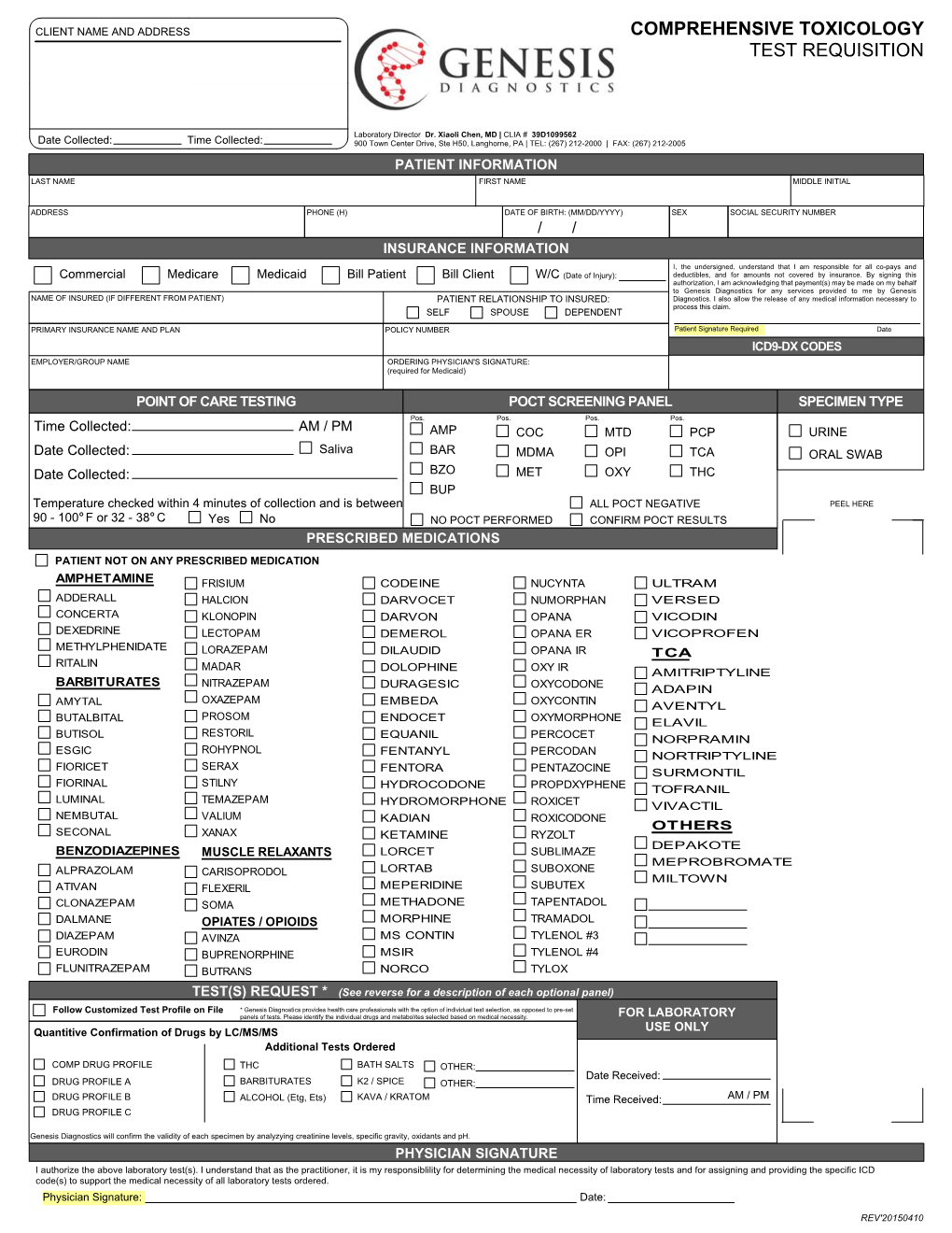 Comprehensive Toxicology Test Requisition
