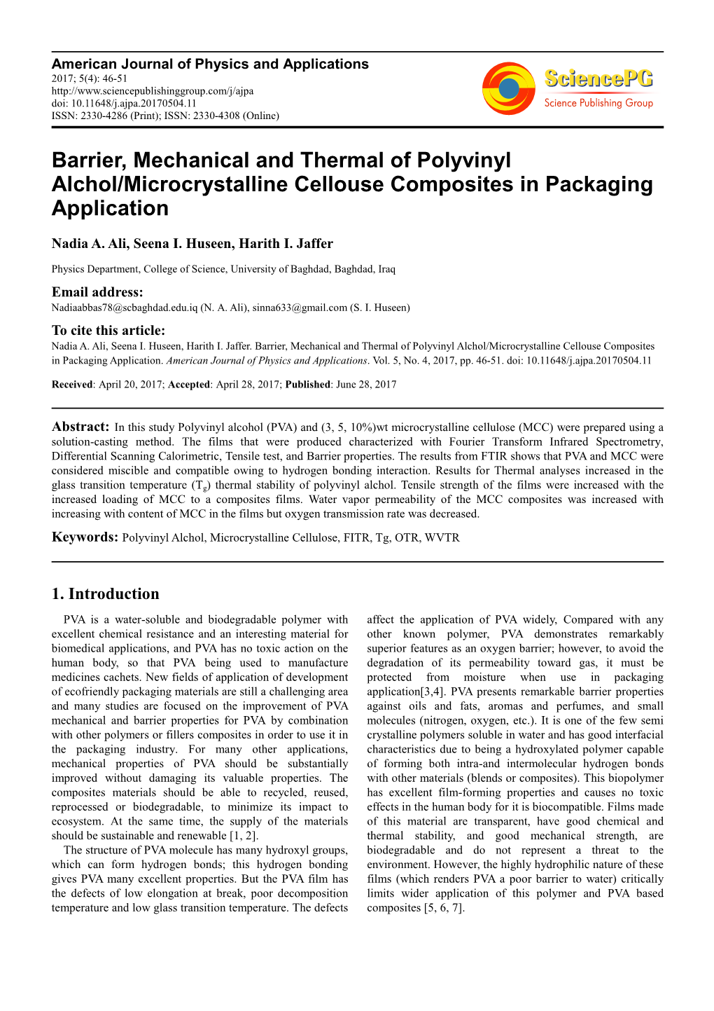 Barrier, Mechanical and Thermal of Polyvinyl Alchol/Microcrystalline Cellouse Composites in Packaging Application