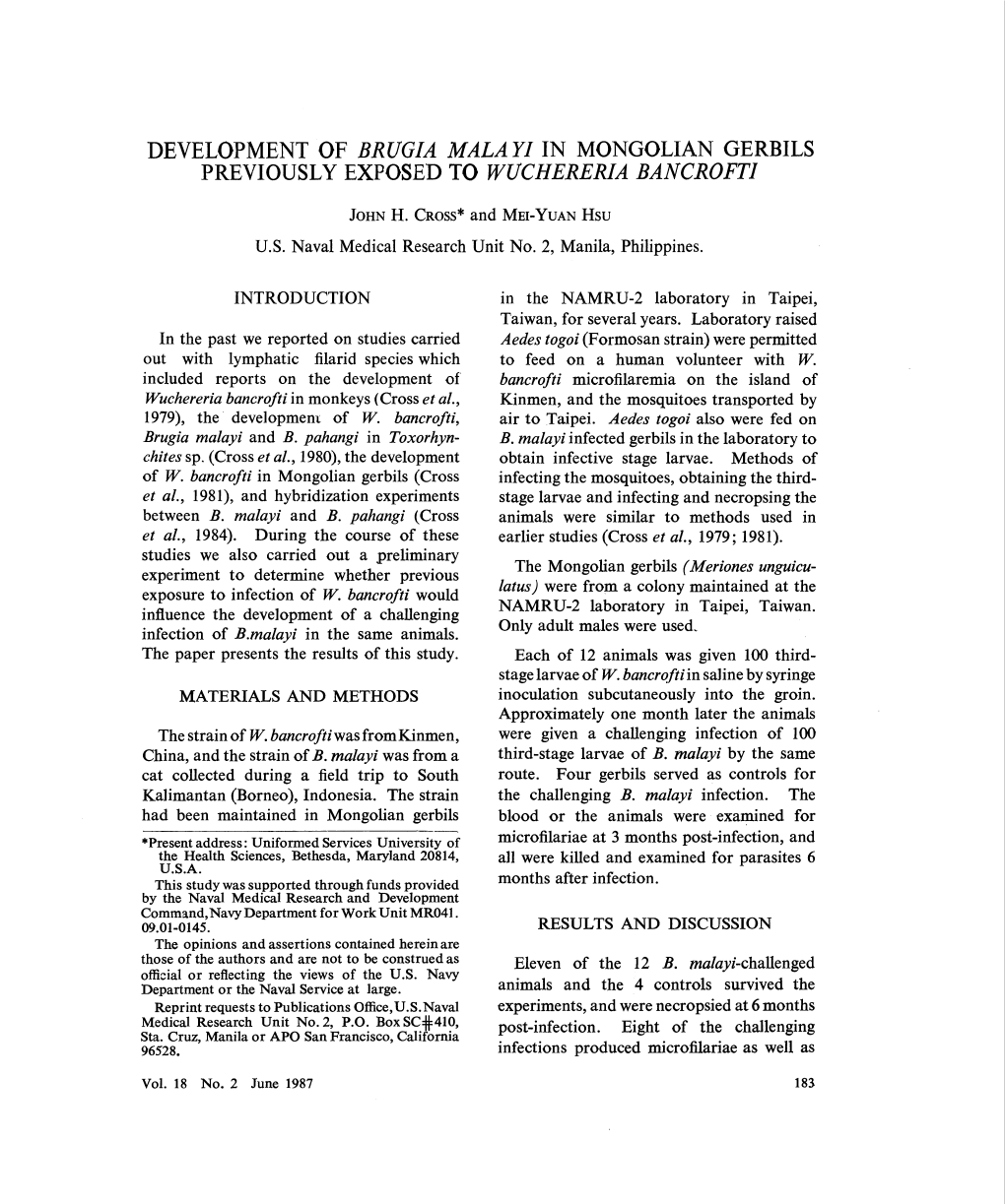 Development of Brugia Malayi in Mongolian Gerbils Previously Infected with 100 Third-Stage Larvae of Wuchereria Bancrofti