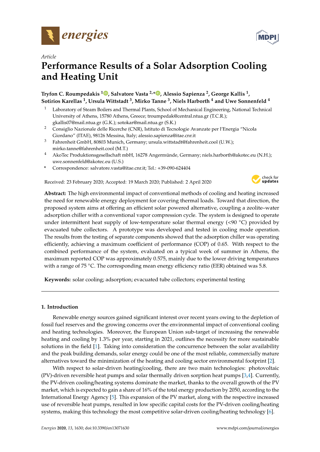 Performance Results of a Solar Adsorption Cooling and Heating Unit