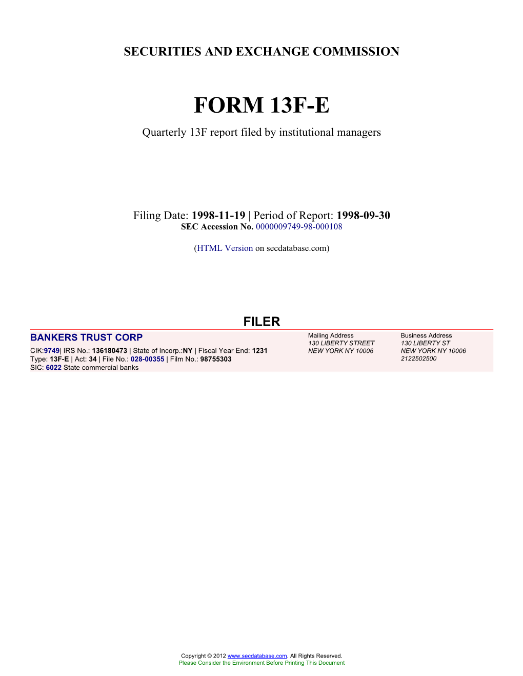 FORM 13F-E Quarterly 13F Report Filed by Institutional Managers