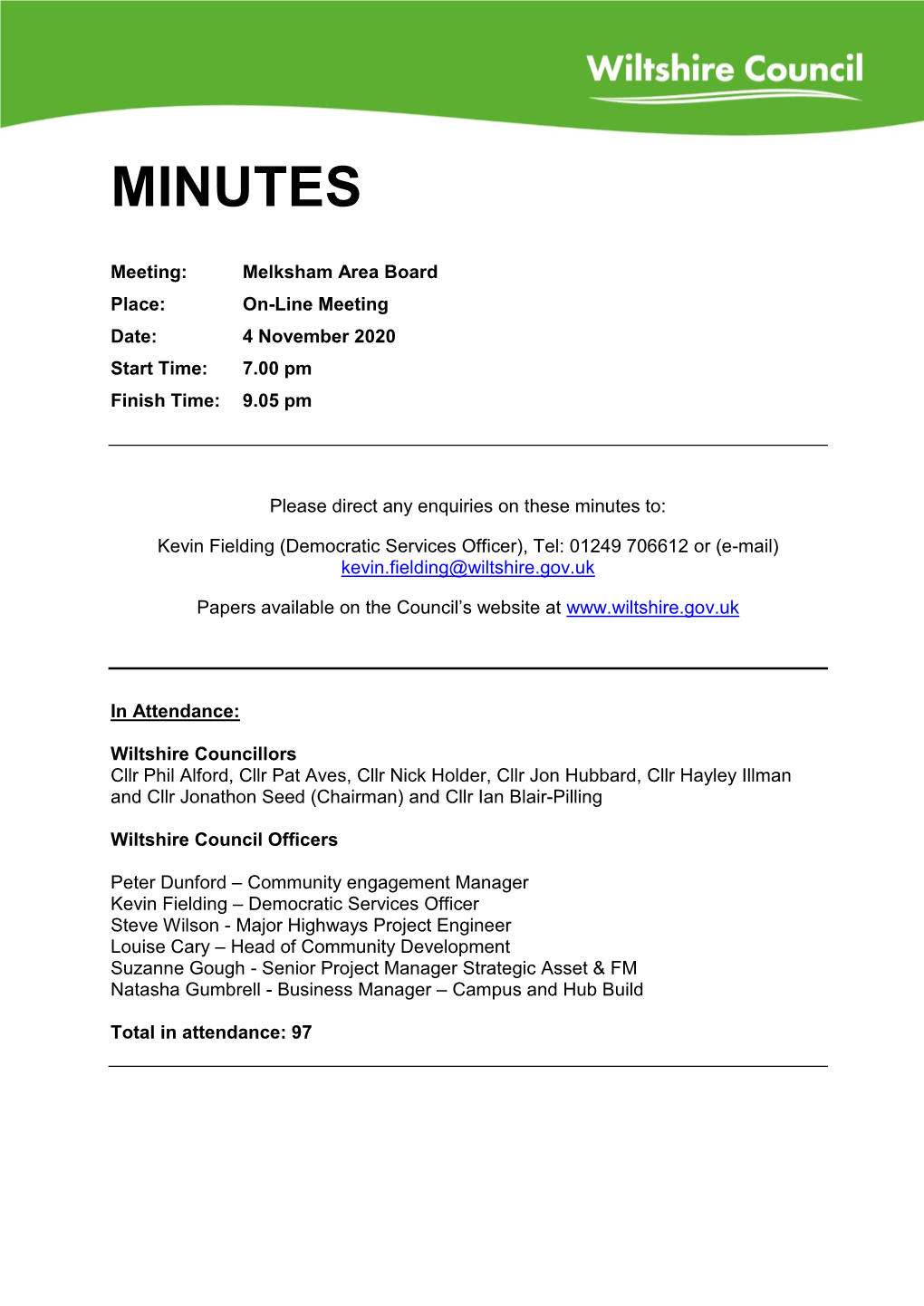 Minutes Document for Melksham Area Board, 04/11
