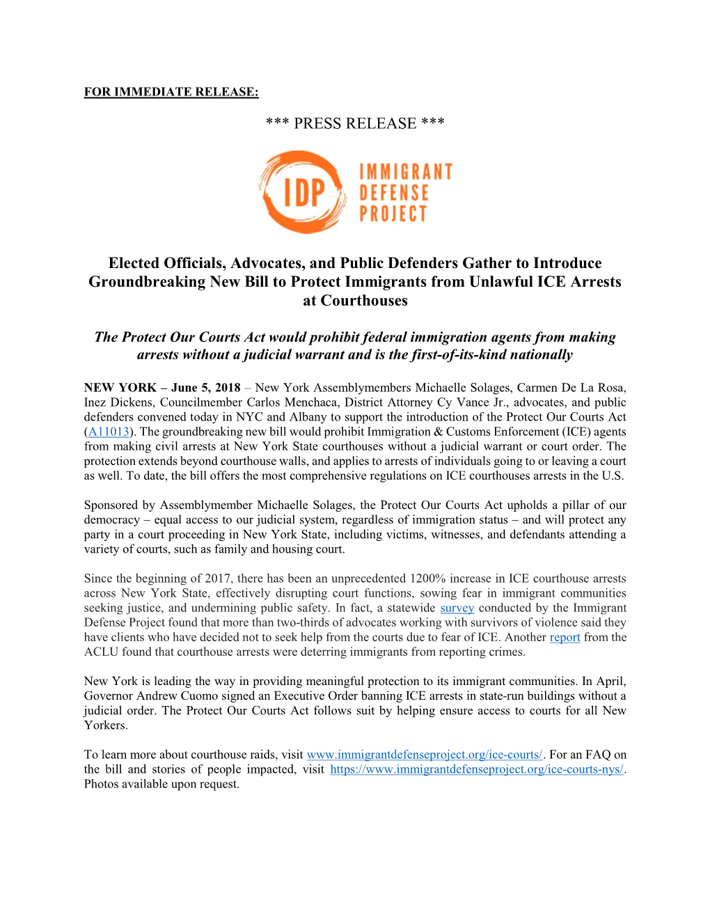 Protect Our Courts Act Would Prohibit Federal Immigration Agents from Making Arrests Without a Judicial Warrant and Is the First-Of-Its-Kind Nationally