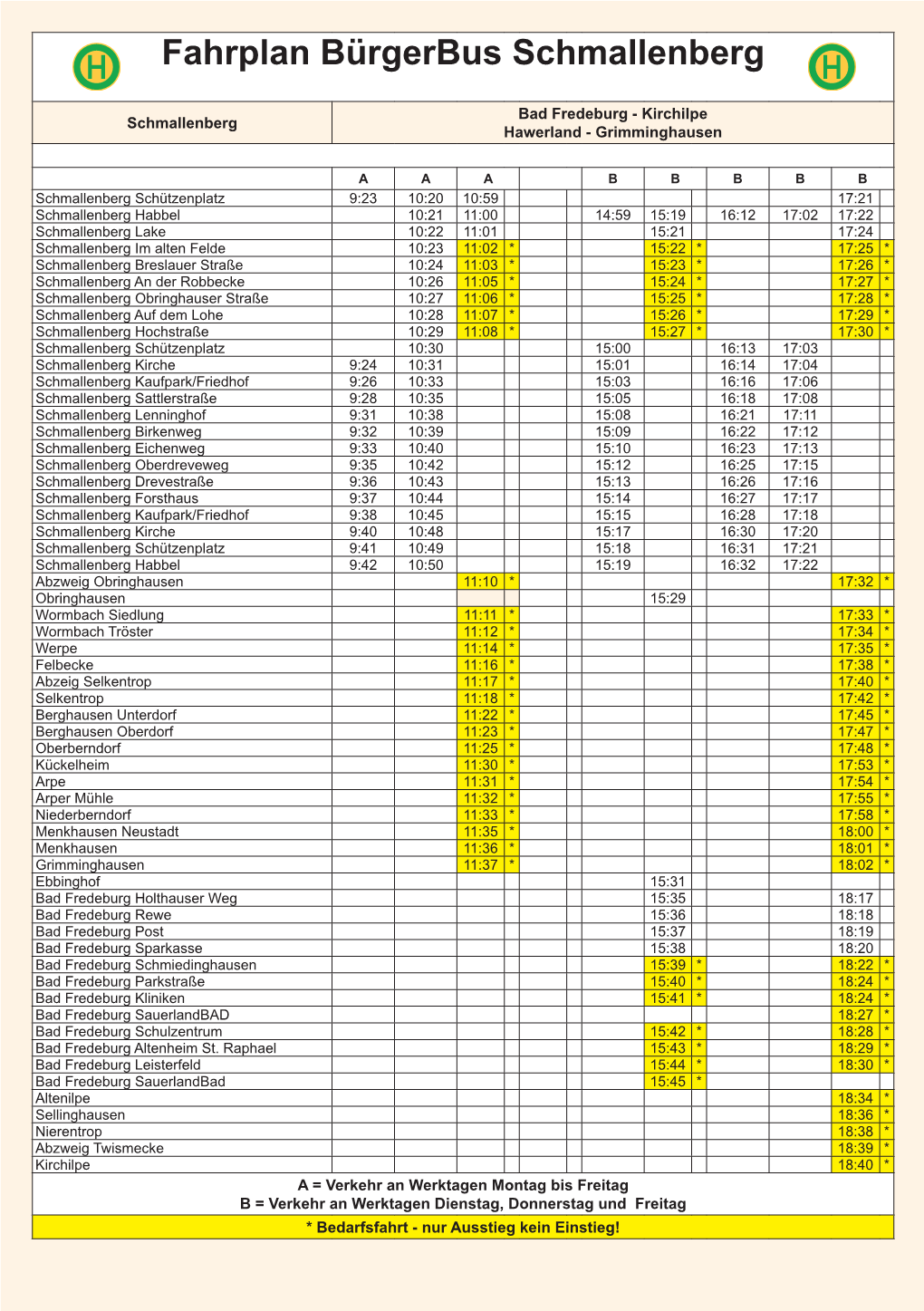 Fahrplan Bürgerbus Schmallenberg