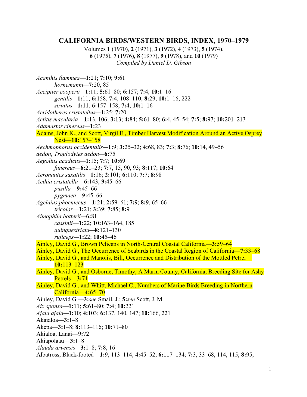 California Birds/Western Birds, Index, 1970–1979