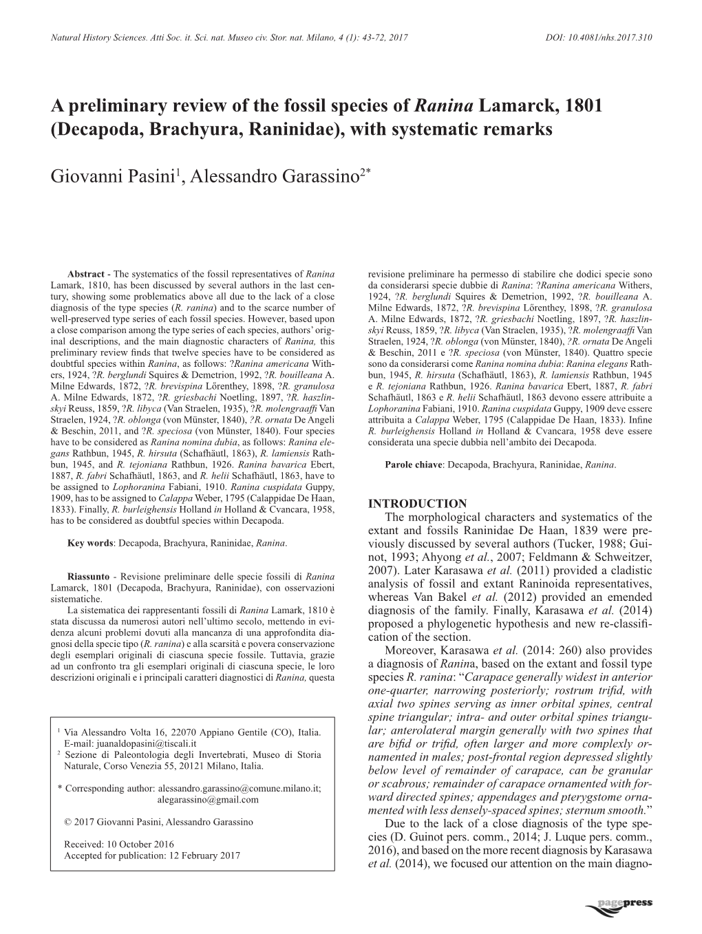 A Preliminary Review of the Fossil Species of Ranina Lamarck, 1801 (Decapoda, Brachyura, Raninidae), with Systematic Remarks