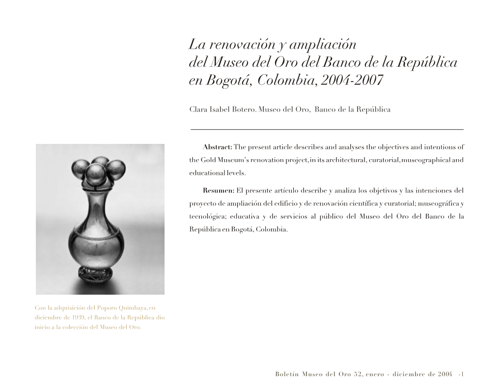 La Renovación Y Ampliación Del Museo Del Oro Del Banco De La República En Bogotá, Colombia, 2004-2007