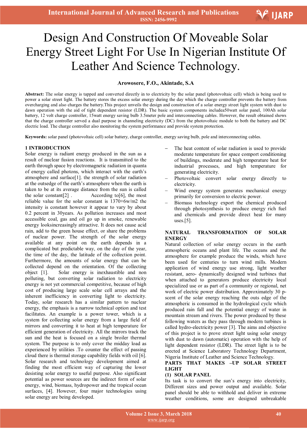 Design and Construction of Moveable Solar Energy Street Light for Use in Nigerian Institute of Leather and Science Technology