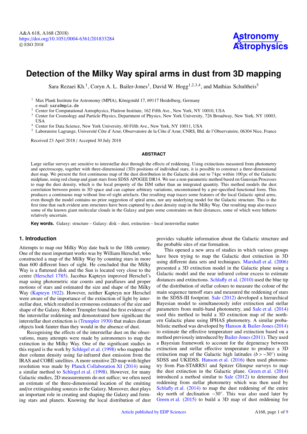 Detection of the Milky Way Spiral Arms in Dust from 3D Mapping Sara Rezaei Kh.1, Coryn A