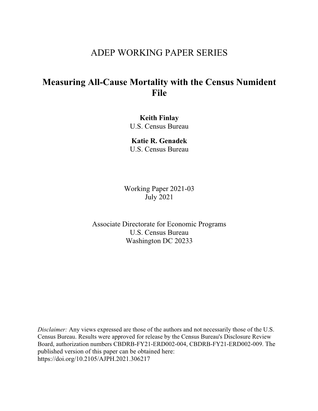 ADEP WORKING PAPER SERIES Measuring All-Cause Mortality With