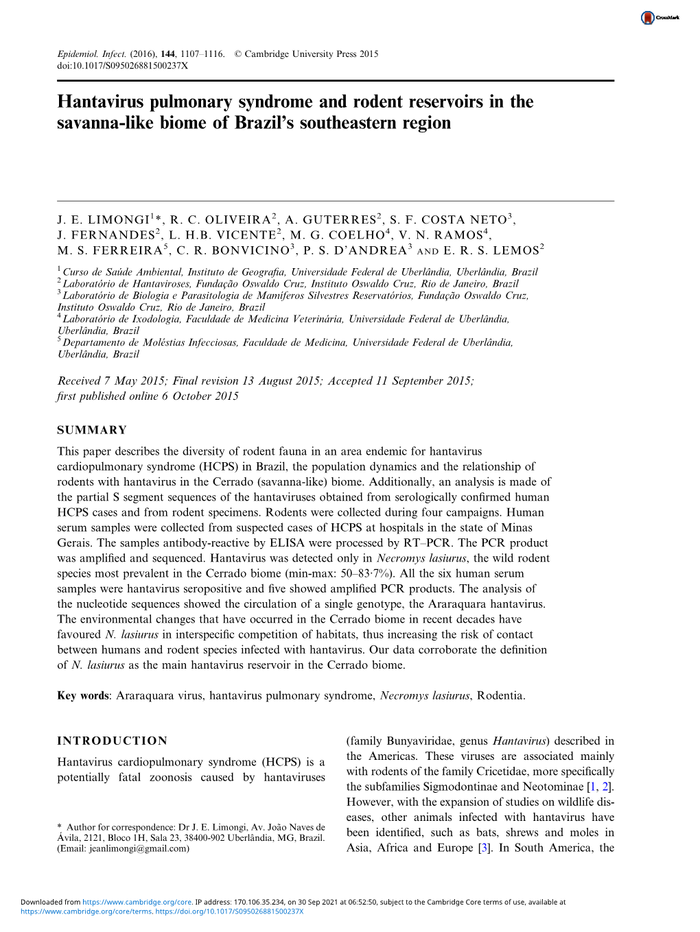 Hantavirus Pulmonary Syndrome and Rodent Reservoirs in the Savanna-Like Biome of Brazil’S Southeastern Region