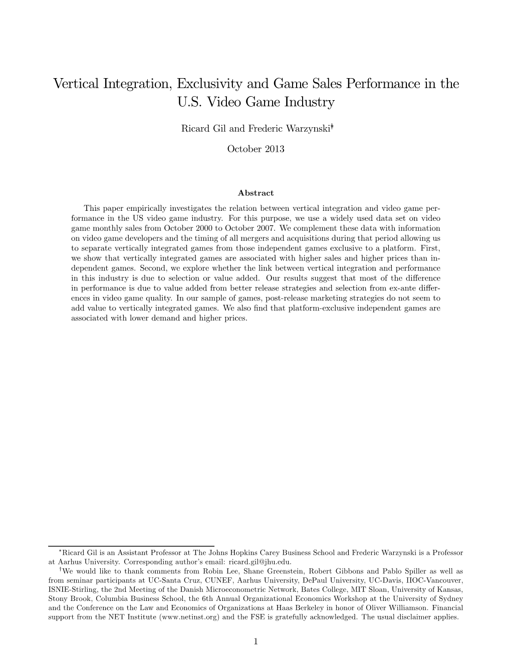 Vertical Integration, Exclusivity and Game Sales Performance in the U.S