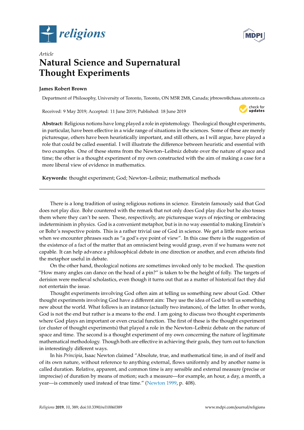 Natural Science and Supernatural Thought Experiments