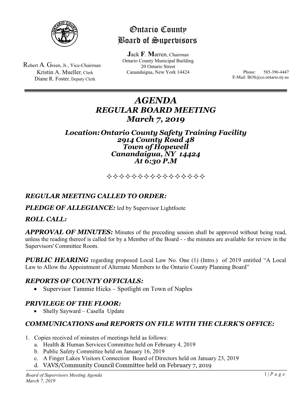 Ontario County Board of Supervisors AGENDA