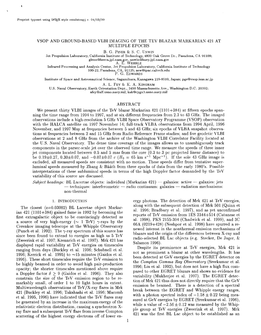 Vsop and Ground-Based Vlbi Imaging of the Tev Blazar Markarian 421 at Multiple Epochs B