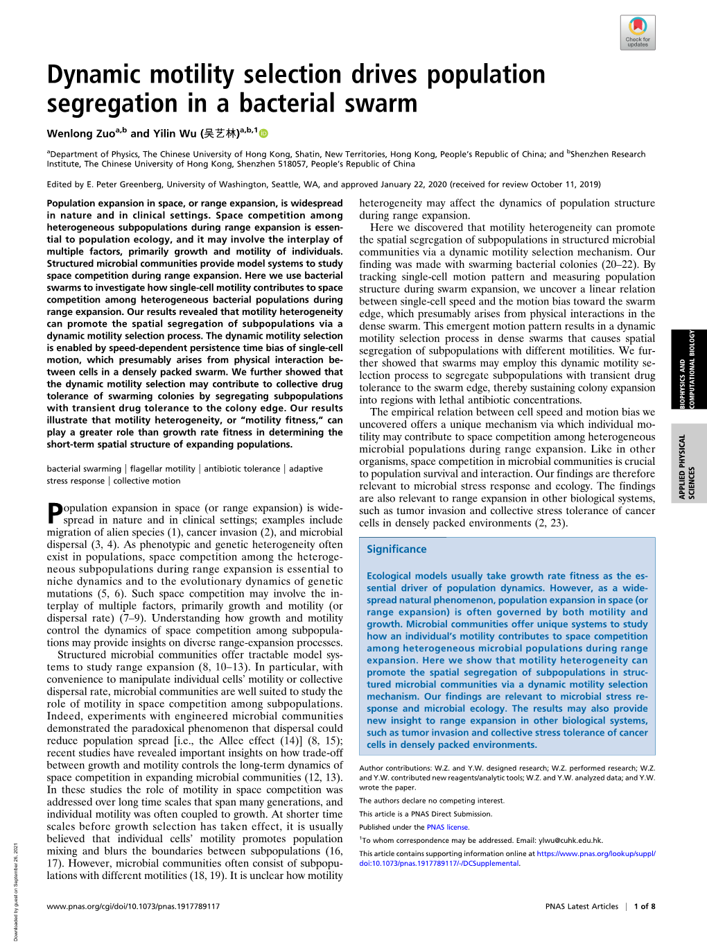 Dynamic Motility Selection Drives Population Segregation in a Bacterial Swarm