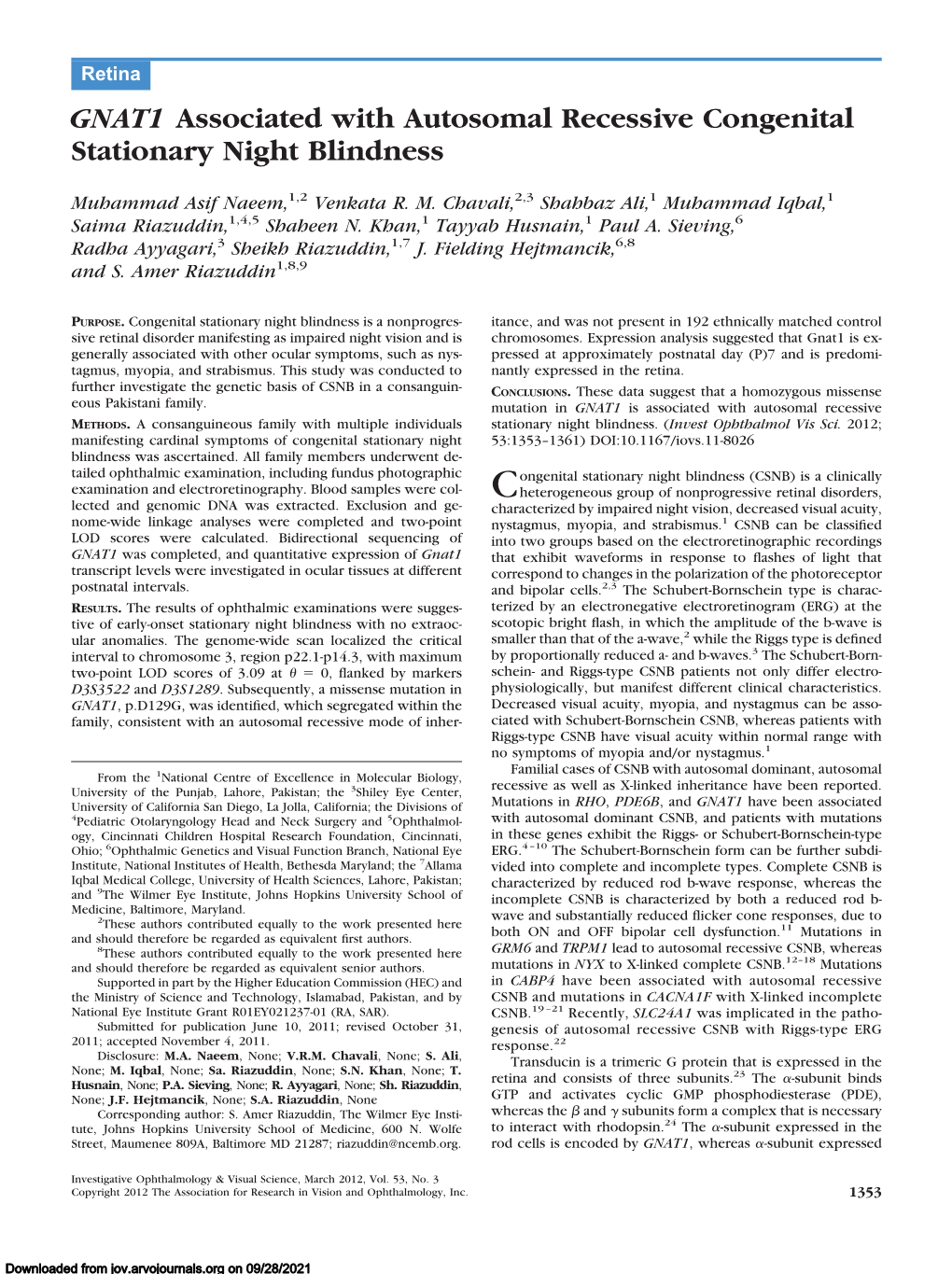 GNAT1 Associated with Autosomal Recessive Congenital Stationary Night Blindness