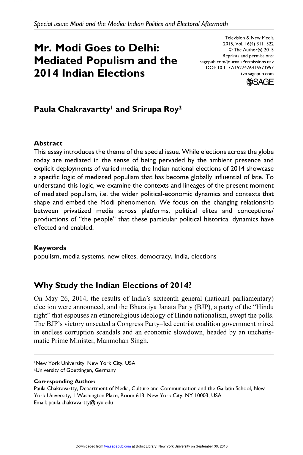 Mediated Populism and the 2014 Indian Elections