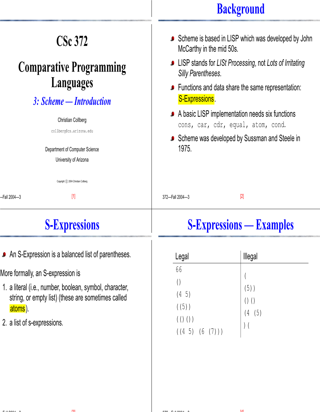 Csc 372 Comparative Programming Languages Background S-Expressions S-Expressions