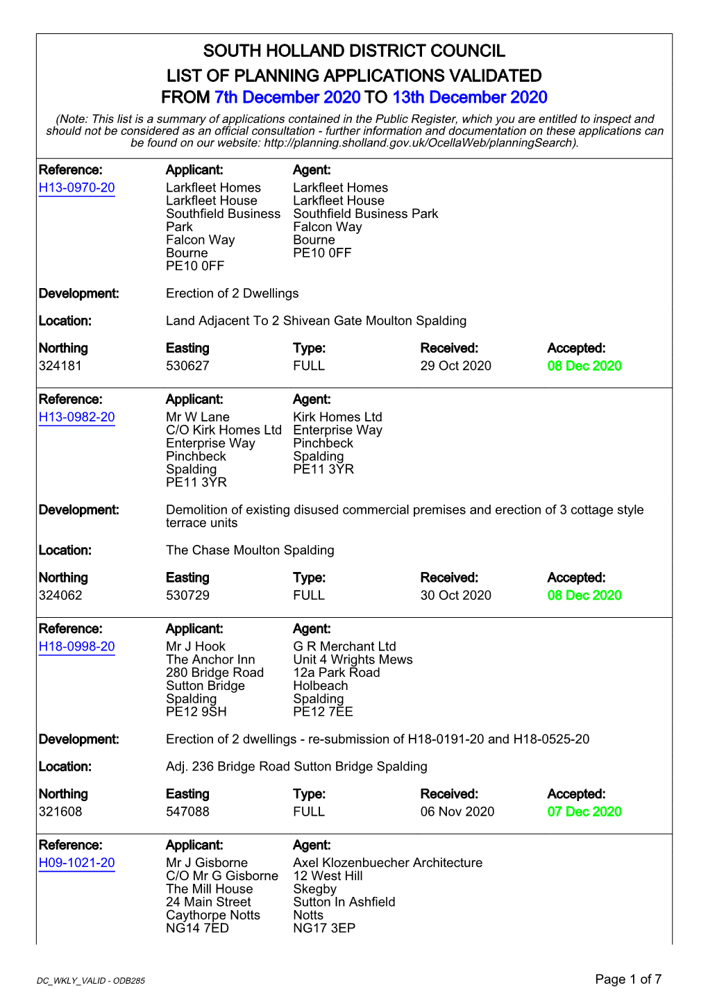 SHDC List of Validated Planning Applications