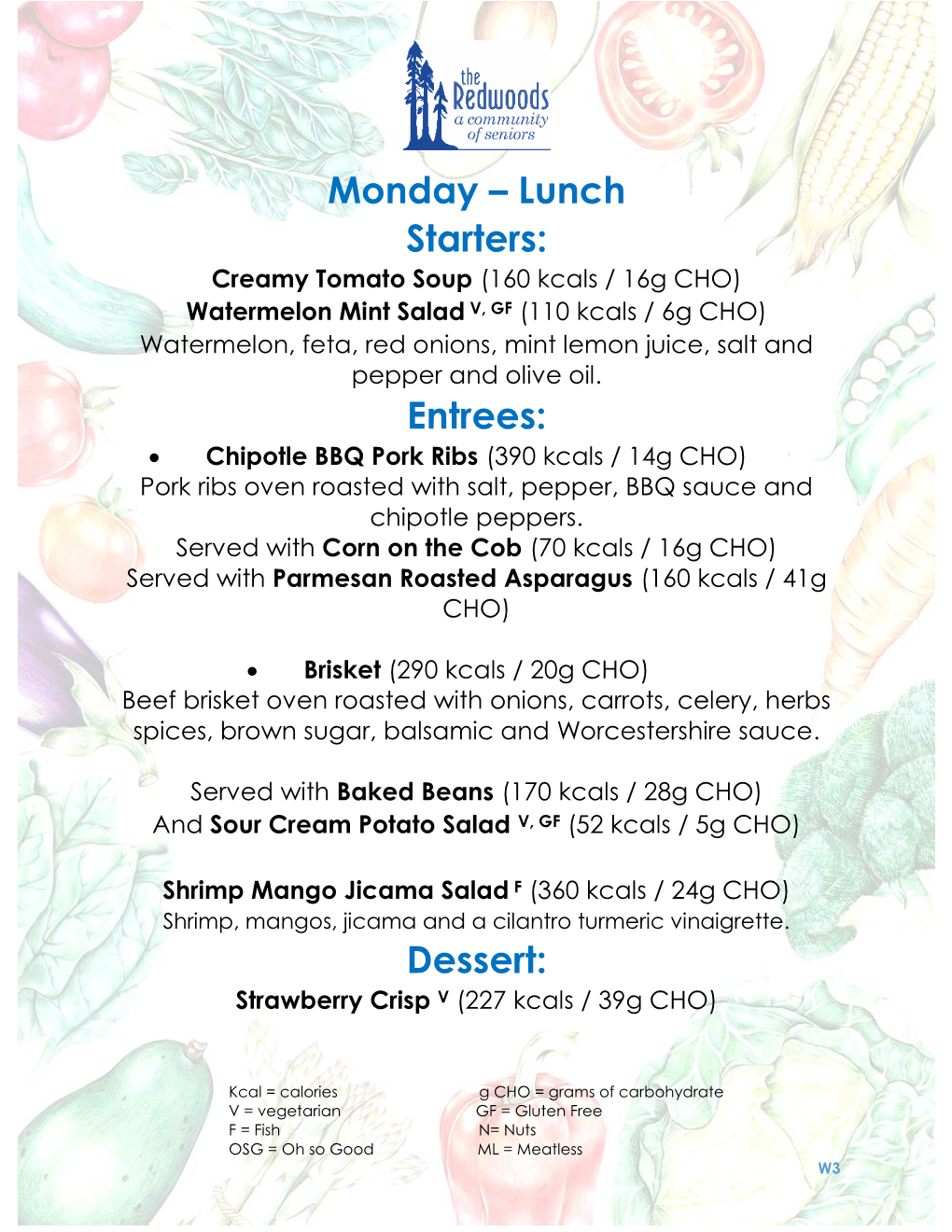 Monday – Lunch Starters: Entrees: Dessert