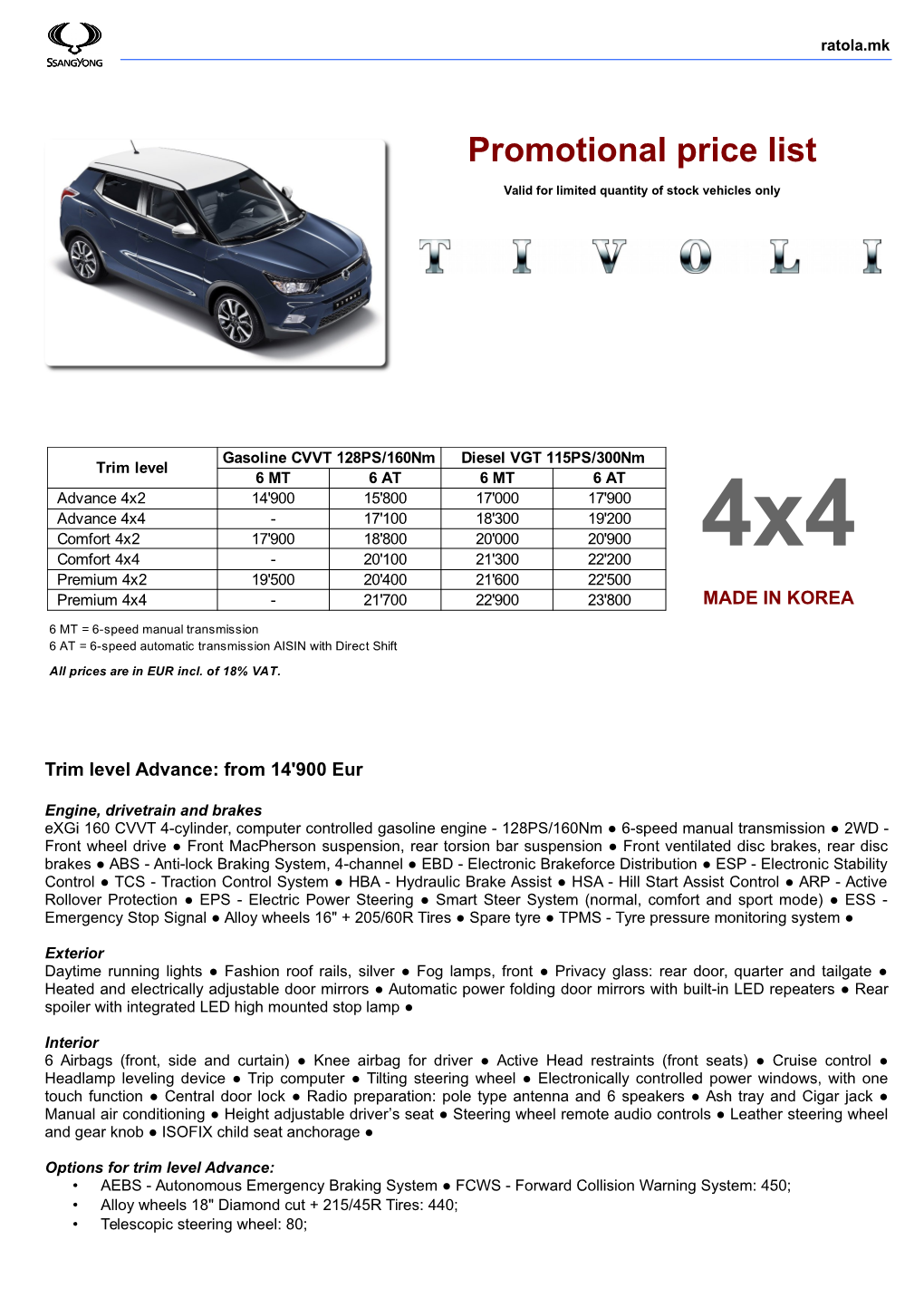 Tivoli Price List