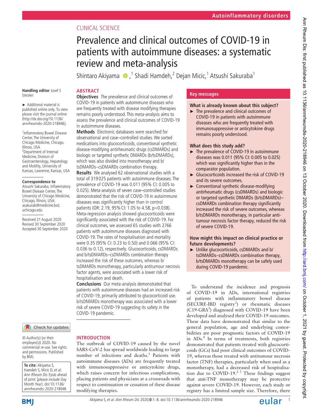 Prevalence and Clinical Outcomes of COVID-19 in Patients with Autoimmune Diseases: a Systematic Review and Meta-Analysis