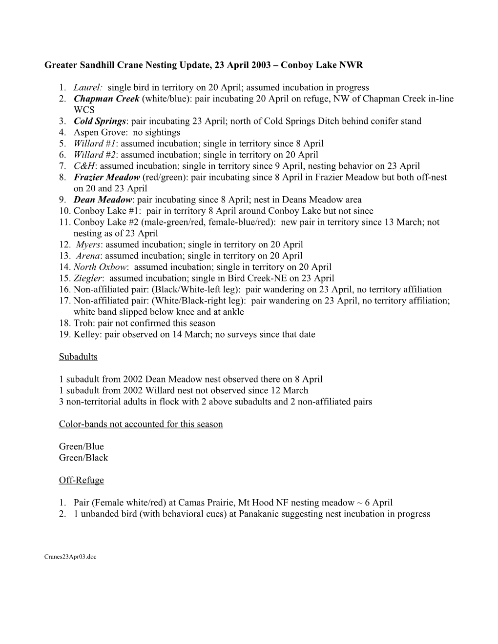 Greater Sandhill Crane Nesting Update, 8-9 April 2003