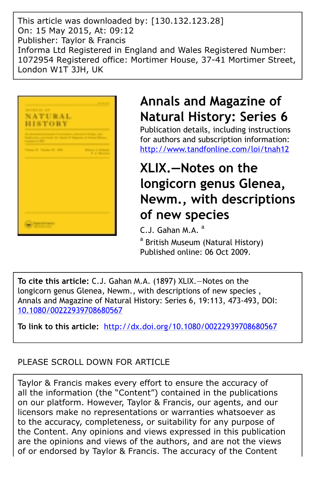 Notes on the Longicorn Genus Glenea, Newm., with Descriptions of New Species C.J