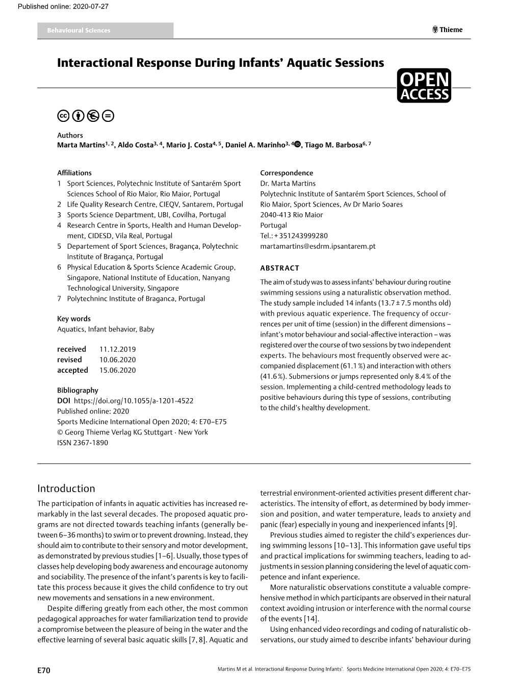 Interactional Response During Infants' Aquatic Sessions