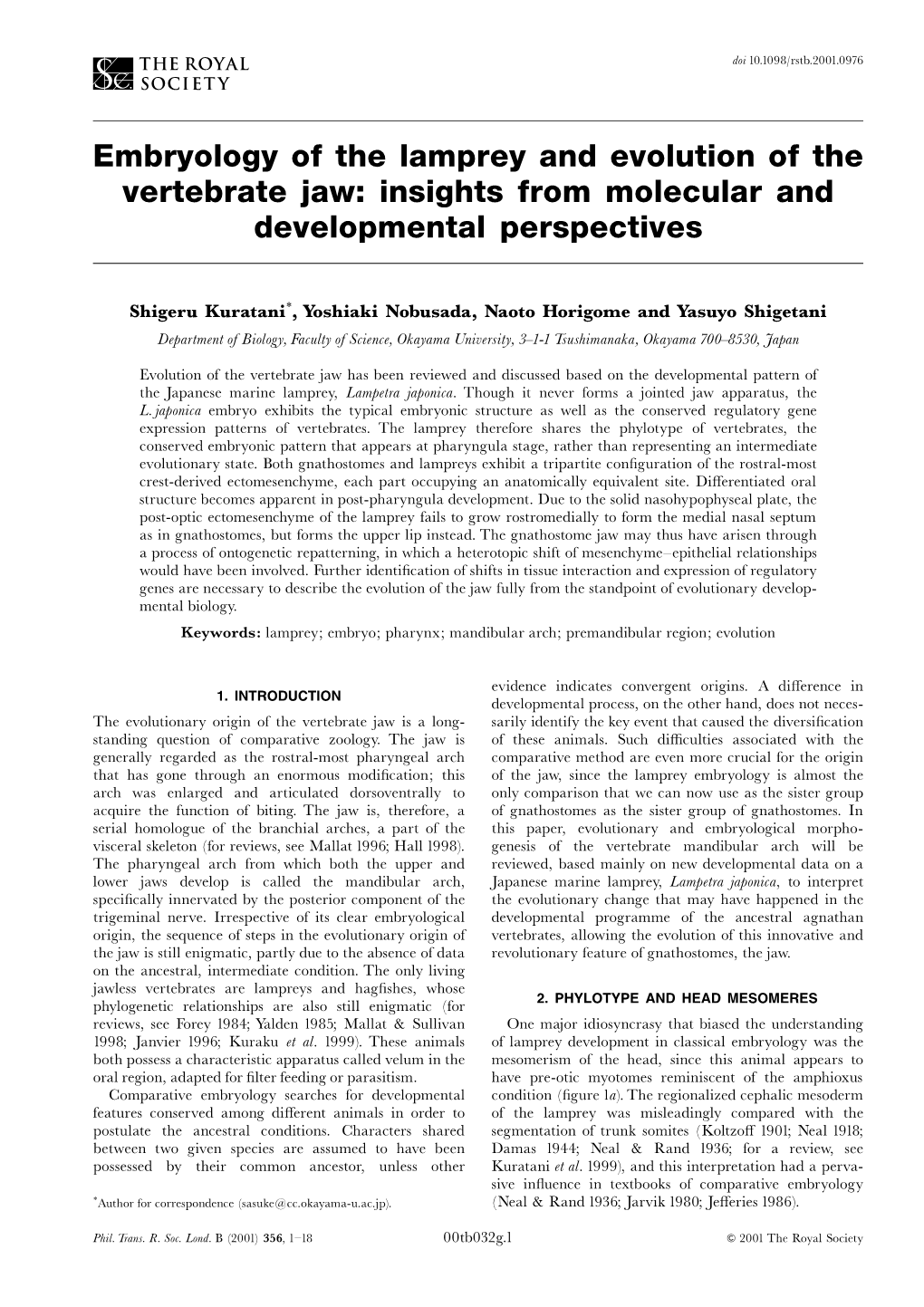 Embryology of the Lamprey and Evolution of the Vertebrate Jaw: Insights from Molecular and Developmental Perspectives