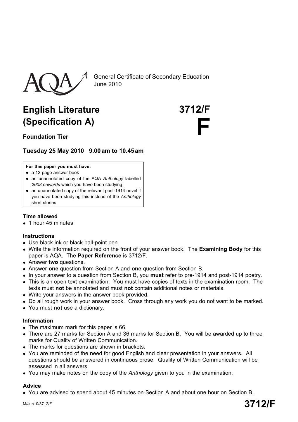 GCSE English Literature a Foundation Question Paper June 2010