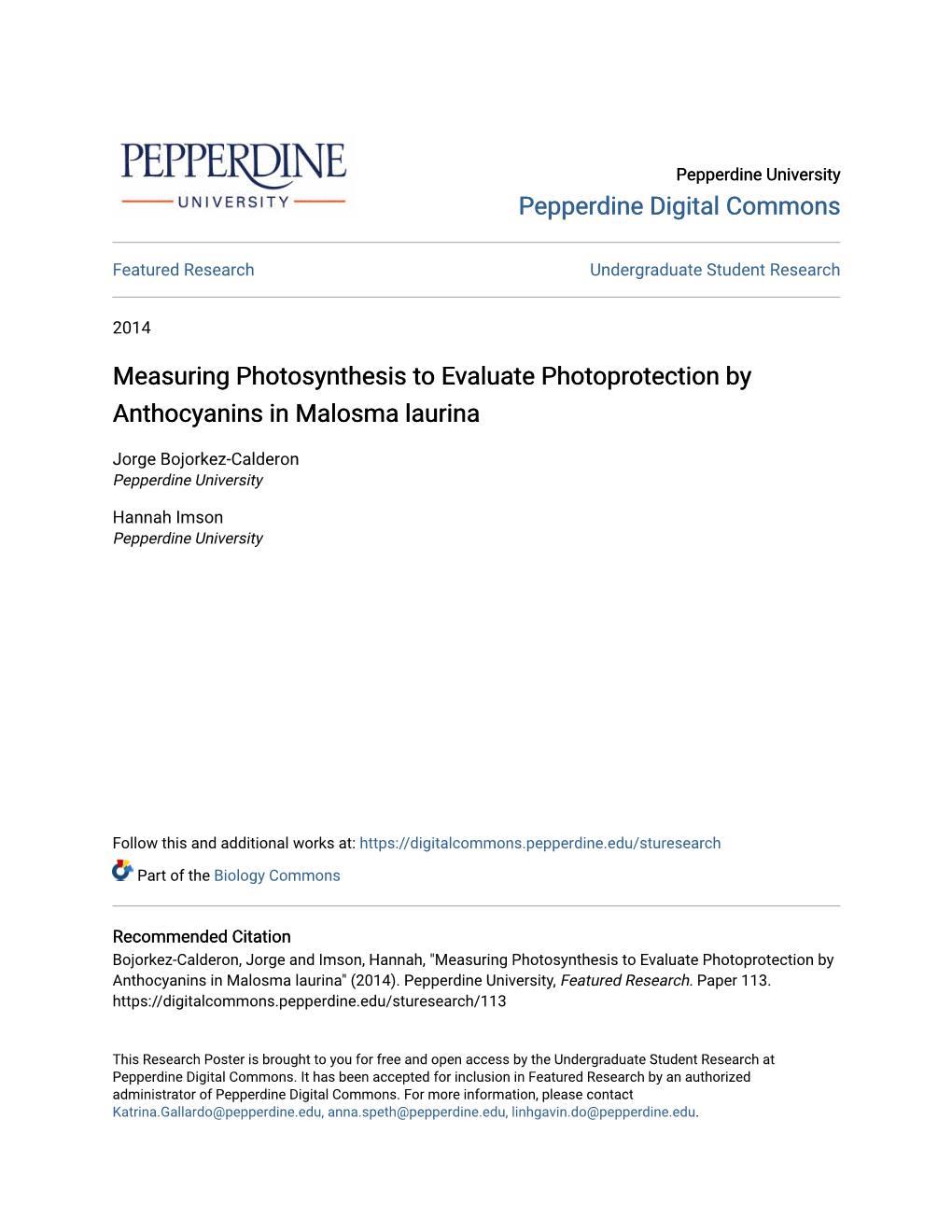 Measuring Photosynthesis to Evaluate Photoprotection by Anthocyanins in Malosma Laurina