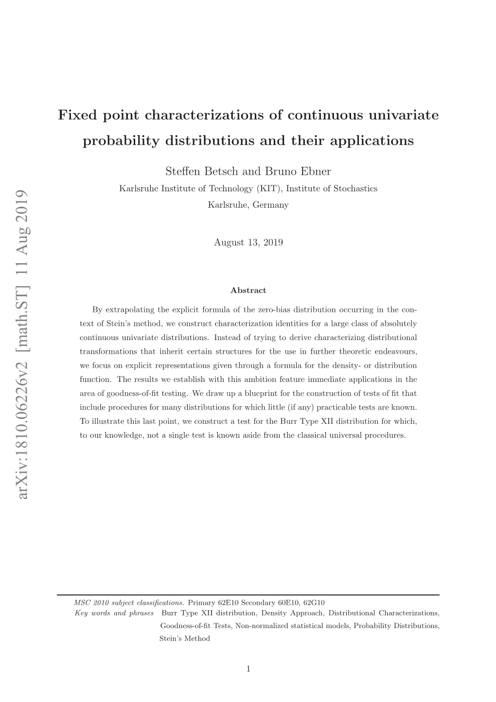 Fixed Point Characterizations of Continuous Univariate Probability