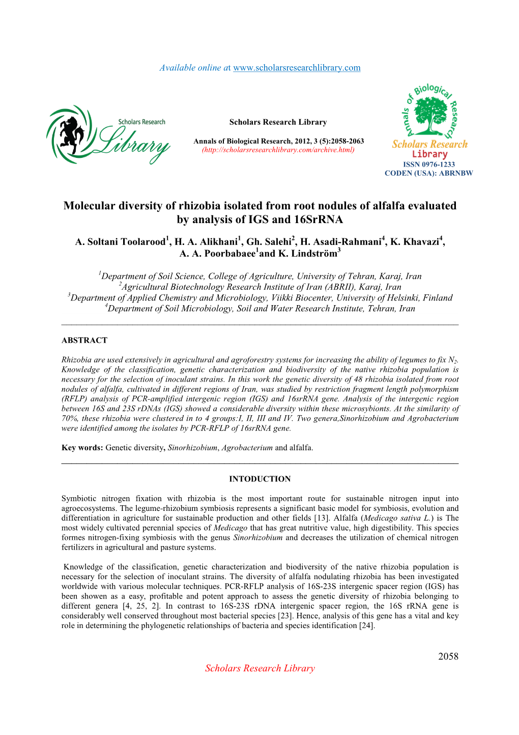 Molecular Diversity of Rhizobia Isolated from Root Nodules of Alfalfa Evaluated by Analysis of IGS and 16Srrna