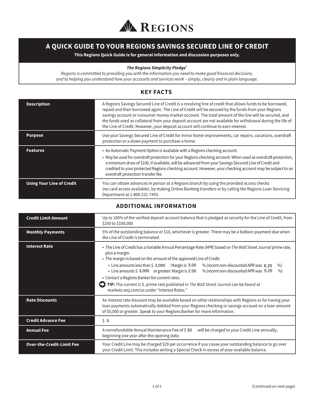 A QUICK GUIDE to YOUR REGIONS SAVINGS SECURED LINE of CREDIT This Regions Quick Guide Is for General Information and Discussion Purposes Only