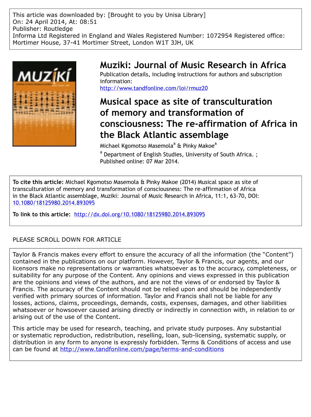 Masemola My Muziki Transculturation.Pdf