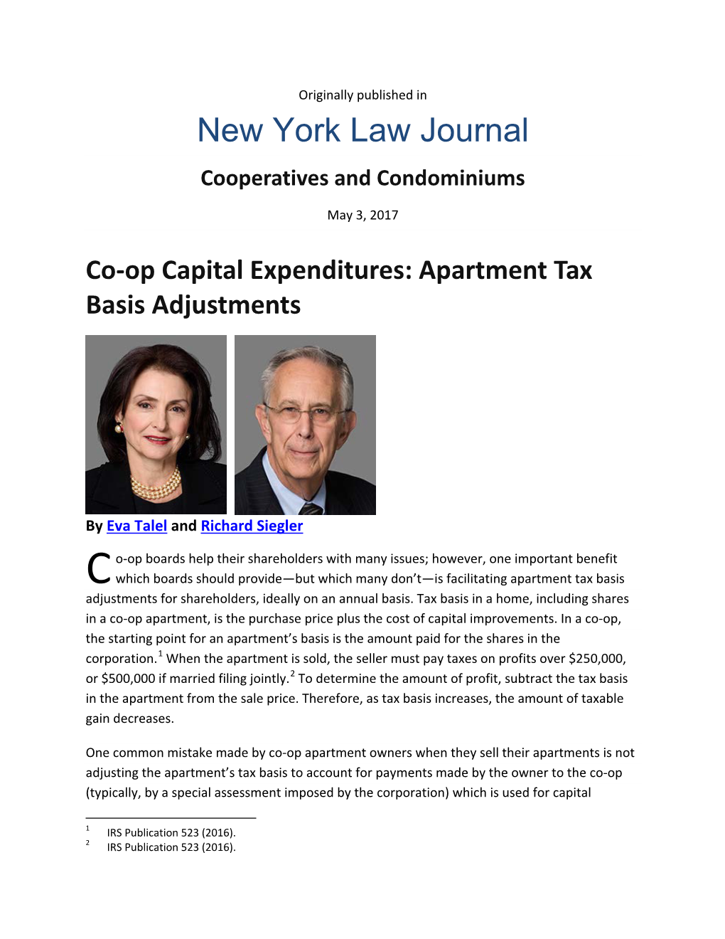 Co-Op Capital Expenditures: Apartment Tax Basis Adjustments