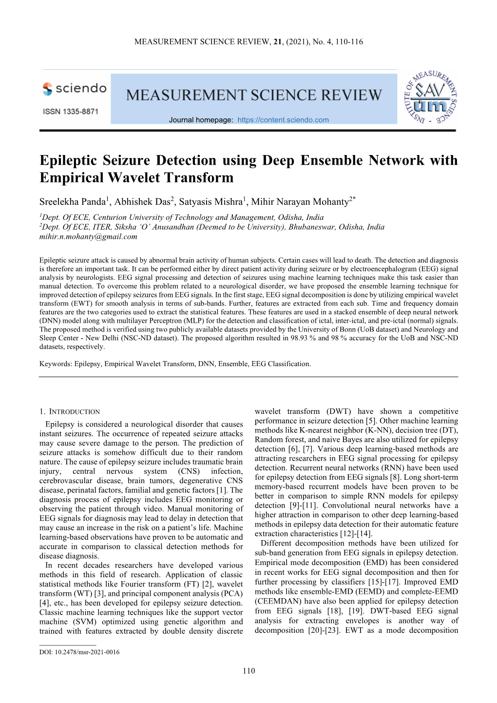 Epileptic Seizure Detection Using Deep Ensemble Network with Empirical Wavelet Transform