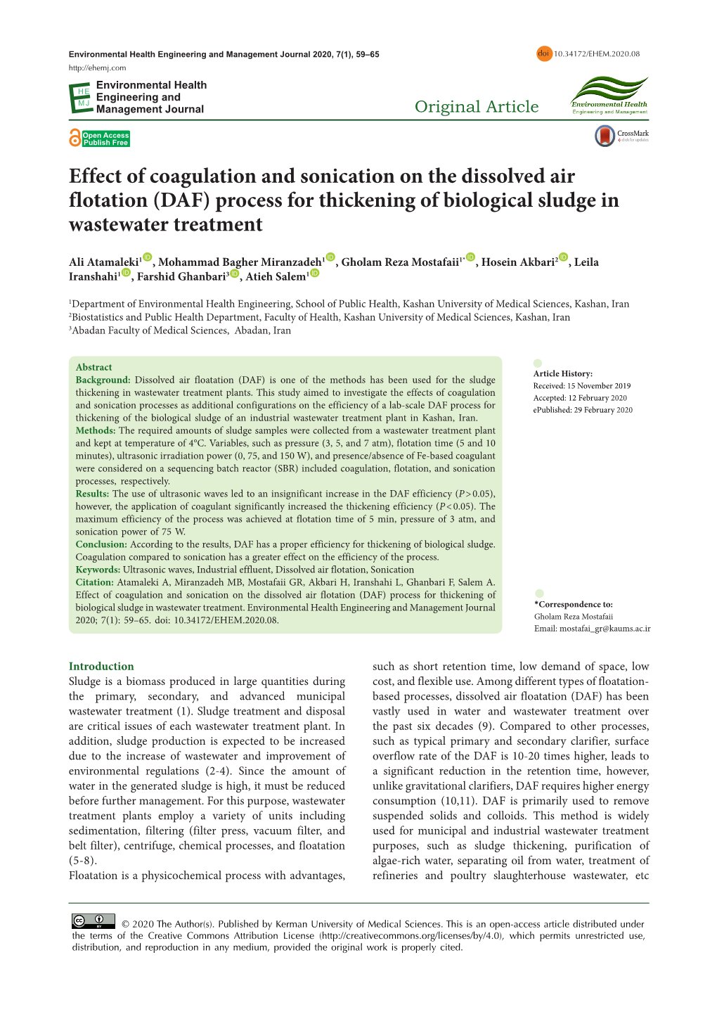 Effect of Coagulation and Sonication on the Dissolved Air Flotation (DAF) Process for Thickening of Biological Sludge in Wastewater Treatment