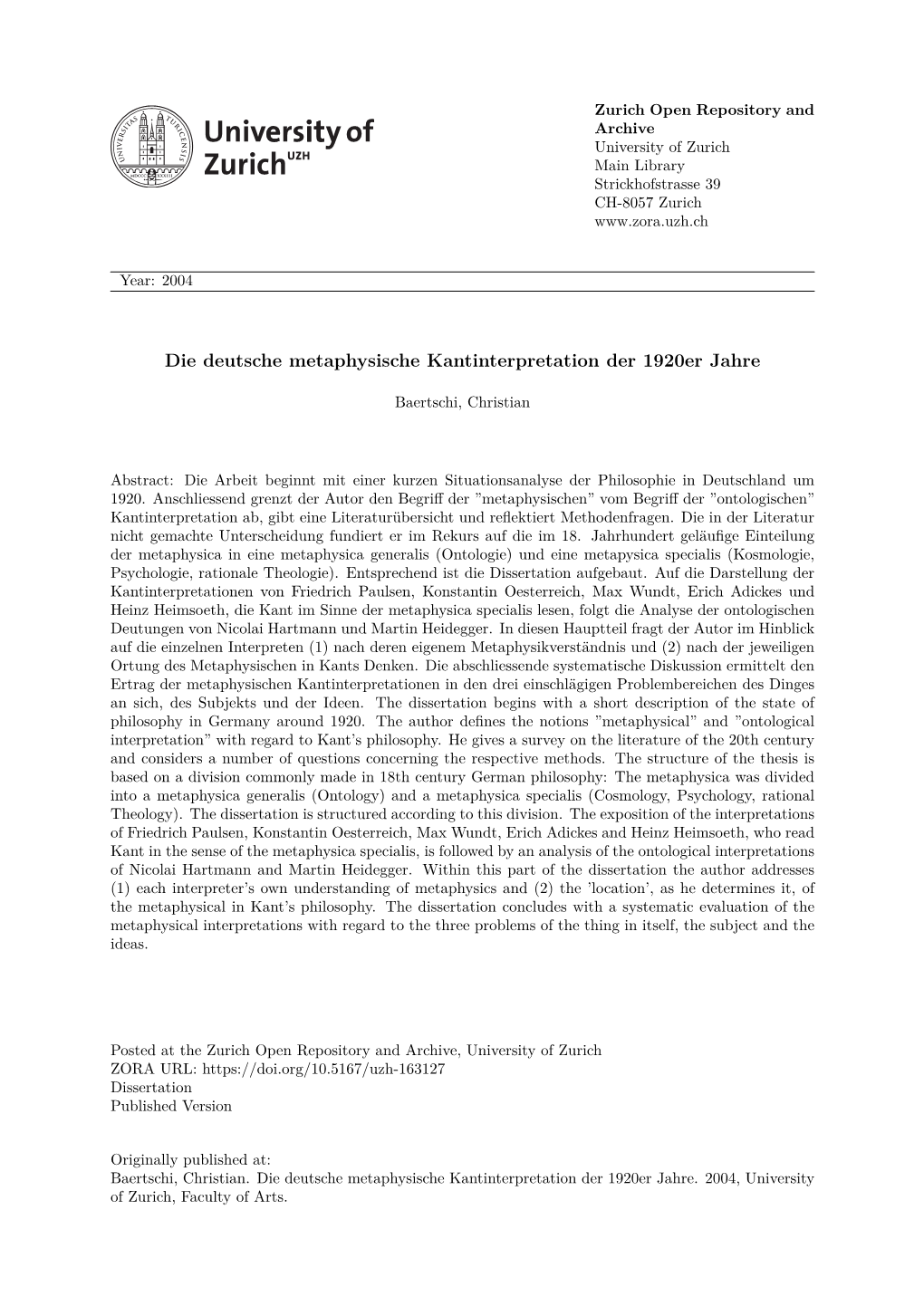 Die Deutsche Metaphysische Kantinterpretation Der 1920Er Jahre