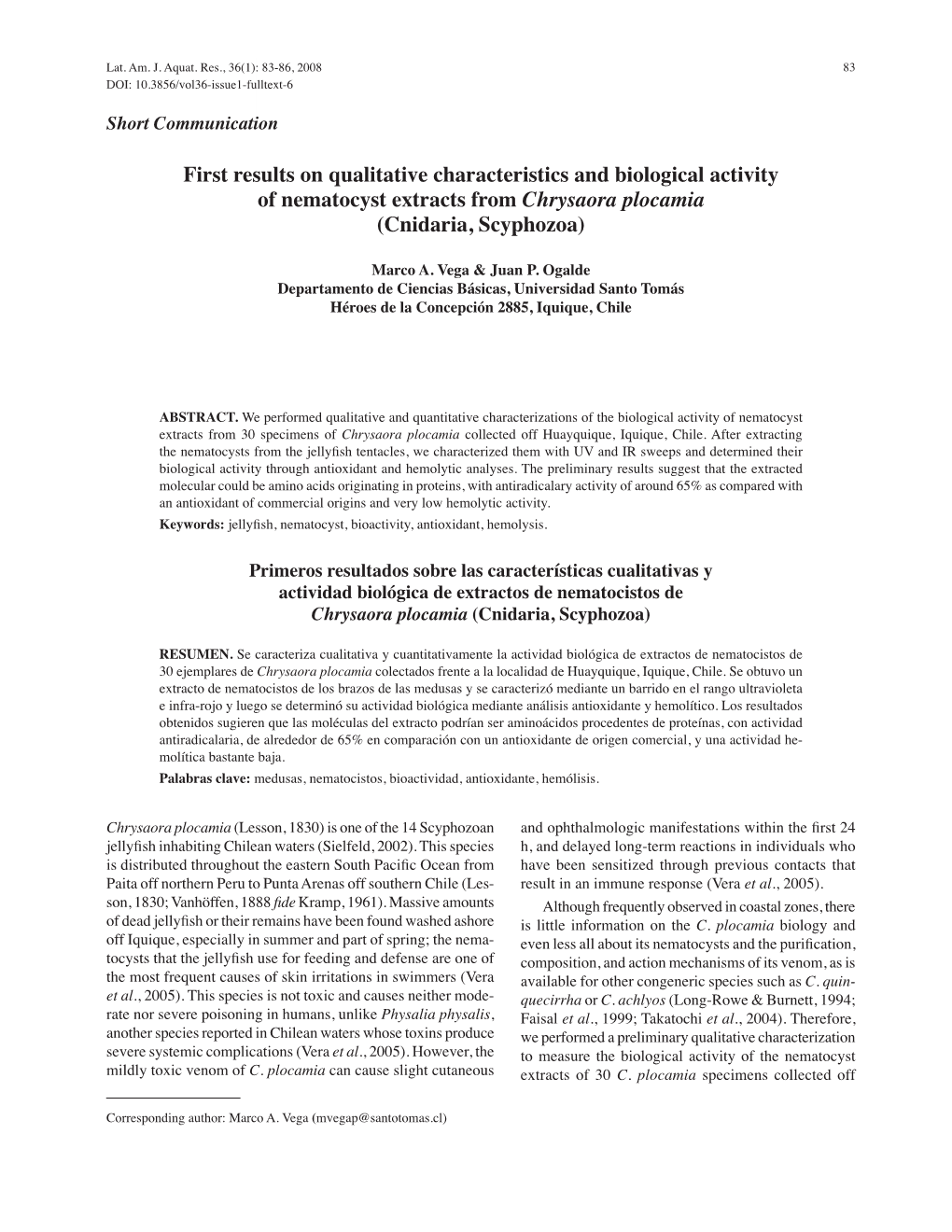 First Results on Qualitative Characteristics and Biological Activity of Nematocyst Extracts from Chrysaora Plocamia (Cnidaria, Scyphozoa)