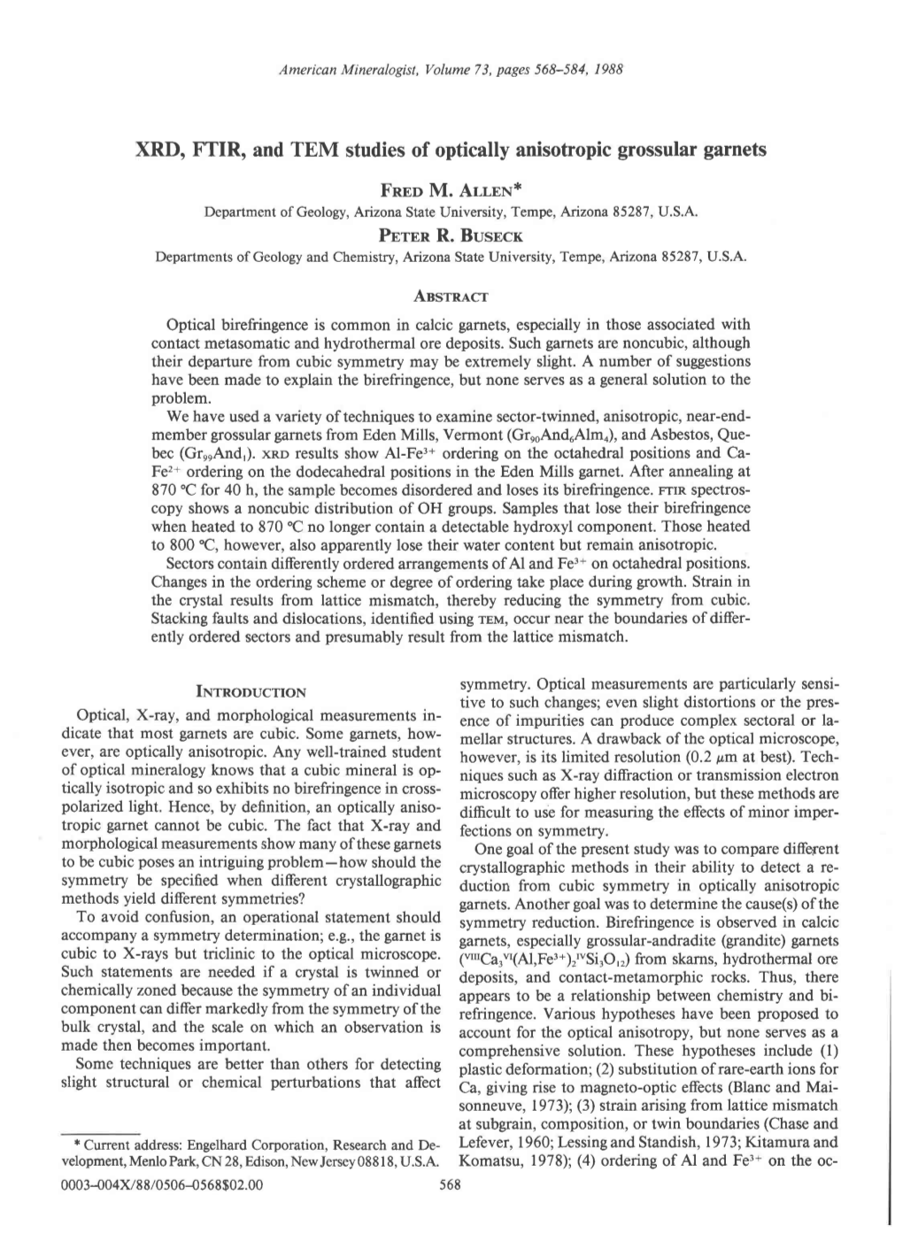 XRD, FTIR, and TEM Studies of Optically Anisotropic Grossular Garnets