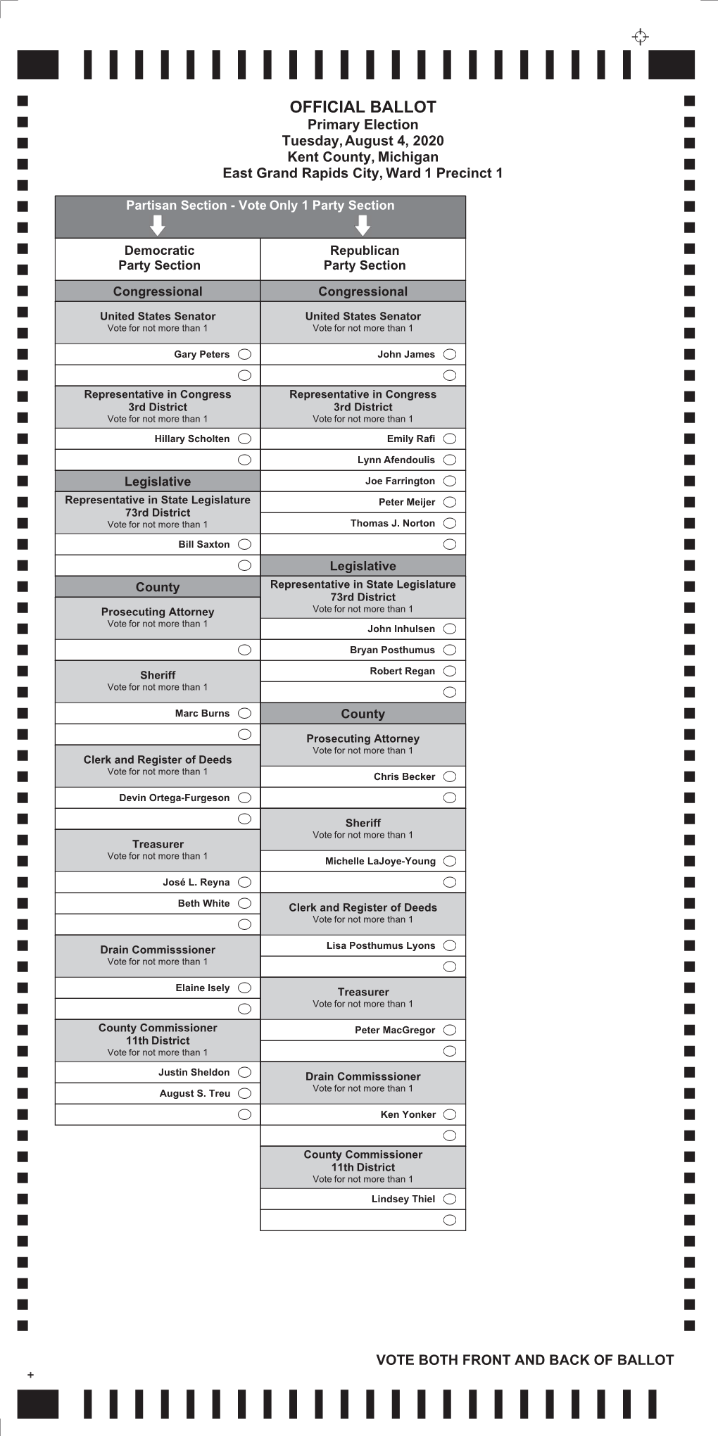 OFFICIAL BALLOT Primary Election Tuesday, August 4, 2020 Kent County, Michigan East Grand Rapids City, Ward 1 Precinct 1